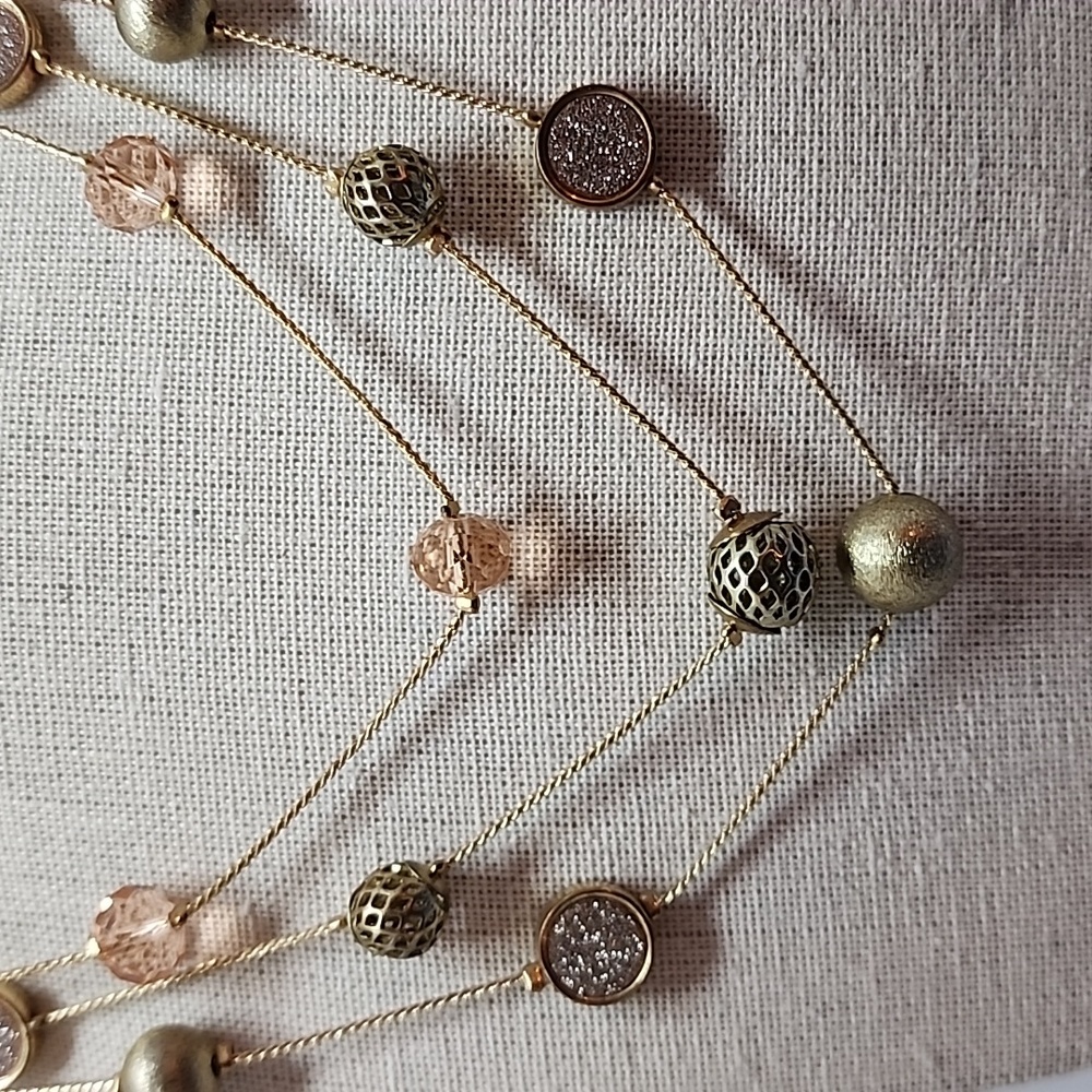 Three Strand Station Bead Ball Crystal Faux Pave Necklace - Picture 7 of 8